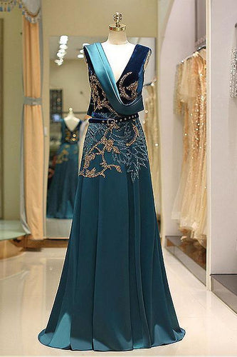 A Line V Neck Green Floor Length Satin Prom Dress with Backless Sequins Beading RS446