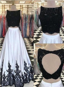 Elegant A line Two Pieces Open Back Scoop Satin Lace Beads Cheap Prom Dresses RS189