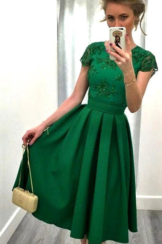 Casual A-line Scoop Satin Appliques Lace Knee-length Backless Short Sleeve Prom Dresses RS501