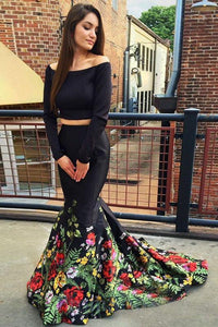 A Line Off the Shoulder Two Piece Long Sleeve Satin Floral Scoop Long Prom Dresses RS188