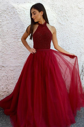 A Line Halter Tulle Burgundy Beads Sleeveless Long Party Dresses Prom Dresses RS75