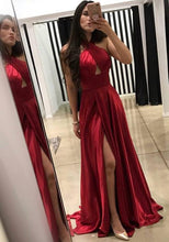 Load image into Gallery viewer, A-Line Cross Neck Floor-Length Sleeveless Dark Red Prom Dresses with Split Keyhole RS325