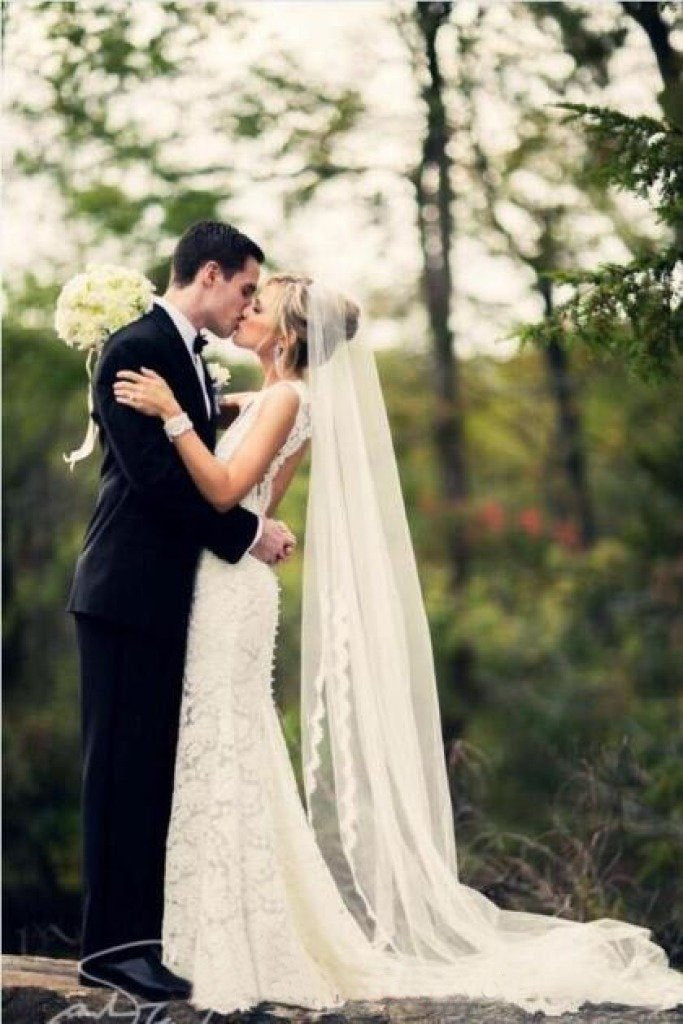 Alencon Applique Lace Trim Bridal Veil Long Tulle Wedding Veil RS870