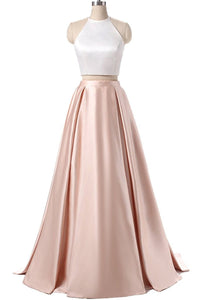 Simple Two Pieces Pink Halter Long Sleeveless Pleated Backless A-Line Prom Dresses RS366