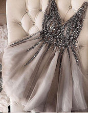 Load image into Gallery viewer, Luxurious Sequins Beaded V Neck Tulle Short V Back Gray Prom Dress Homecoming Dress RS762