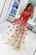 Load image into Gallery viewer, Stylish A Line Tulle Sweetheart Spaghetti Straps Red Flowers Sleeveless Prom Dress RS811