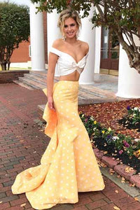 Two Piece Off-the-Shoulder White and Yellow Zipper V-Neck Mermaid Long Prom Dresses RS63