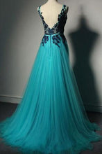 Load image into Gallery viewer, New Fashion Blue Tulle Formal Gown Lace Black Evening Gowns Tulle Formal Gown For Teens RS692