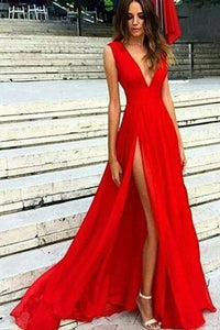 Elegant Red Split V-Neck A-Line Chiffon Sexy Floor-Length Prom Dresses RS506