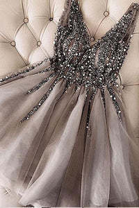 Luxurious Sequins Beaded V Neck Tulle Short V Back Gray Prom Dress Homecoming Dress RS762