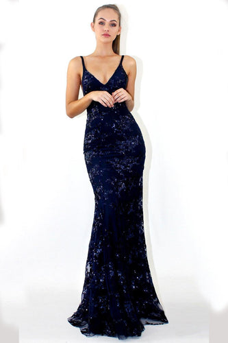 Mermaid Deep V Neck Royal Blue Lace Appliques Backless Spaghetti Straps Prom Dresses RS893
