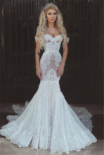 Load image into Gallery viewer, Sexy Queen Mermaid Sweetheart Ivory Lace Off-the-Shoulder Open Back Wedding Dresses RS306
