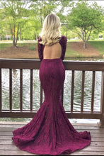 Load image into Gallery viewer, Charming High Neck Burgundy Long Sleeve Lace Mermaid Open Back Prom Dresses RS482