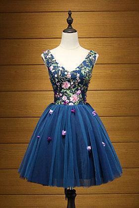 Cute A Line Navy Blue V Neck Short Prom Dresses Flower Lace up Homecoming Dresses RS957