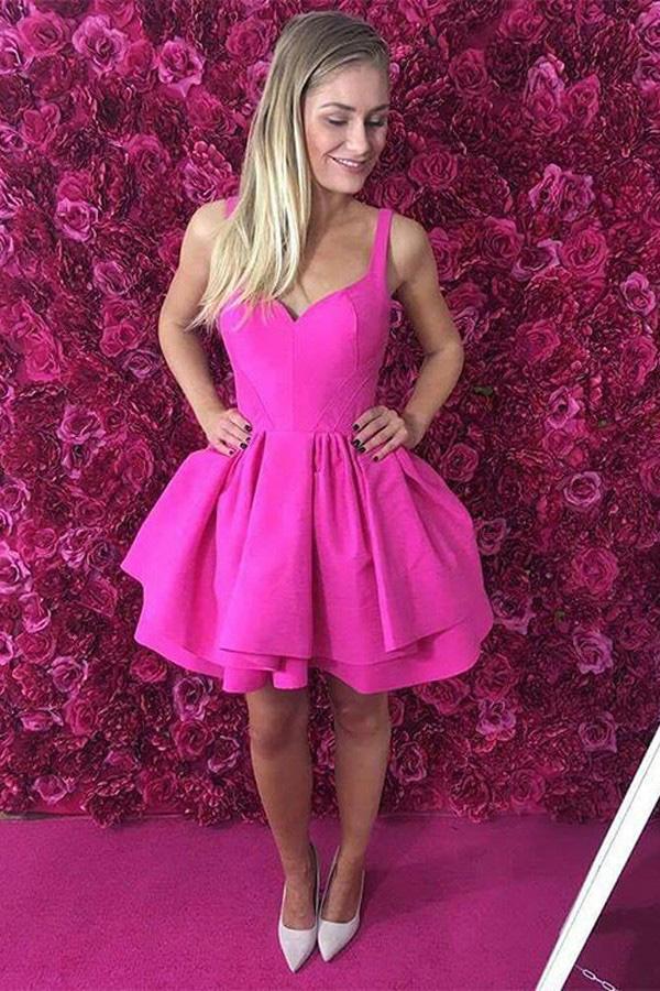 Ball Gown Scoop Eyelet Lace up Fuchsia Short Prom Dress Satin Cute Mini Homecoming Dress RS700