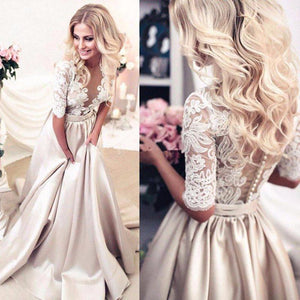 A-Line High Neck Beads Short Sleeve Lace Satin Evening Dress Prom Dresses RS513