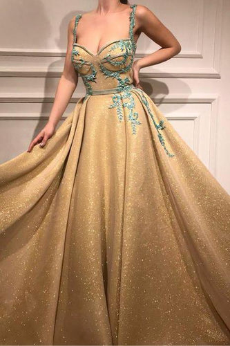 A Line Spaghetti Straps Sweetheart Gold Rhinestone Sparkly Appliques Prom Dresses RS890