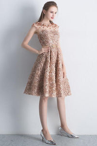 A Line Gold Cap Sleeves Scoop Lace Appliques Short Prom Dresses Homecoming Dresses RS907