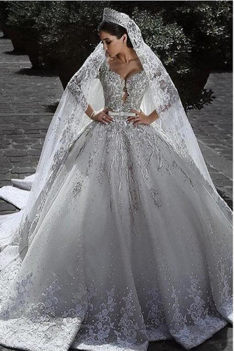 Sexy Ball Gown Sweetheart Long Sleeve Lace Appliques Tulle Long Wedding Dresses RS70