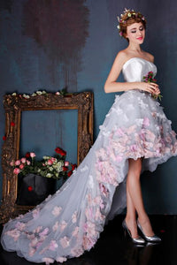 Charming Sweetheart Flowers Strapless Tulle Asymmetry Prom Dresses Wedding Dresses RS259