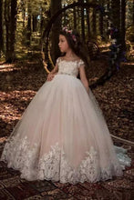 Load image into Gallery viewer, Cute Tulle Scoop Ball Gown Lace Appliques Beads Cap Sleeve Pink Flower Girl Dresses RS298