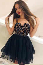 Load image into Gallery viewer, A-Line Straps Backless Short Black Chiffon Open Back Lace Pleats Homecoming Dress RS799