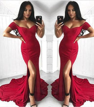 Load image into Gallery viewer, Sexy Mermaid Off the Shoulder Slit Sweetheart Short Sleeve Satin Long Prom Dresses RS40