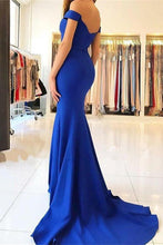 Load image into Gallery viewer, Royal Blue Long Mermaid Off the Shoulder Sweetheart Satin Pretty Prom Dresseses RS90