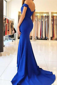 Royal Blue Long Mermaid Off the Shoulder Sweetheart Satin Pretty Prom Dresseses RS90