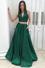 Load image into Gallery viewer, A Line Two Piece Satin V-neck Green Princess Floor-length with Pockets Prom Dresses RS619