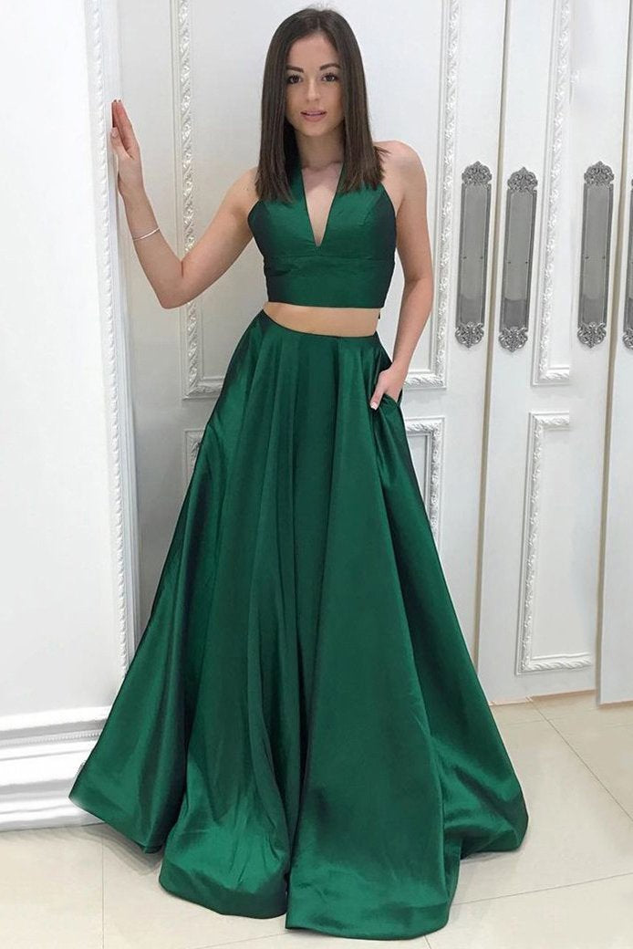 A Line Two Piece Satin V-neck Green Princess Floor-length with Pockets Prom Dresses RS619