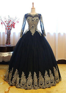Ball Gown Long Sleeve Gold Rose Red Tulle Round Neck Lace up Prom Quinceanera Dresses RS147