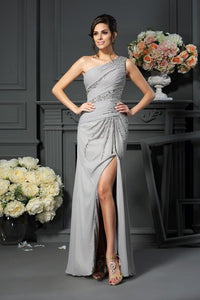 Elegant A-Line Grey One Shoulder Sleeveless Beads Slit Chiffon Mother of the Bride Dresses RS224