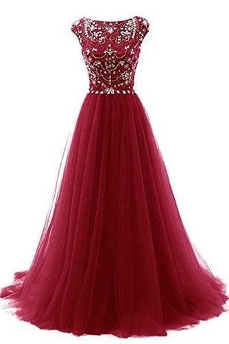Elegant A Line Burgundy Beads Scoop Tulle Cap Sleeves Long Prom Dresses RS874