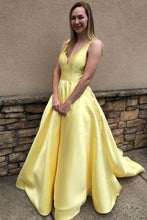 Load image into Gallery viewer, Princess A Line Deep V Neck Yellow Long Satin Backless Evening Dresses Prom Dresses RS962