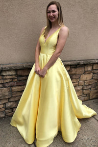 Princess A Line Deep V Neck Yellow Long Satin Backless Evening Dresses Prom Dresses RS962