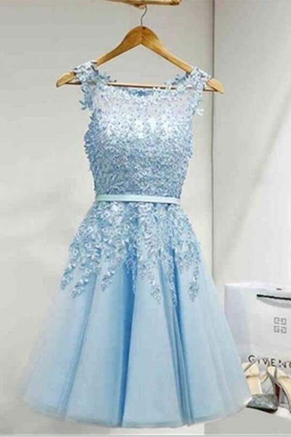 Light Sky Round Neck Tulle Appliques Short Sleeveless Graduation Homecoming Dress RS220