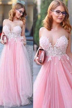 Load image into Gallery viewer, Pink Tulle Scoop Neck Princess Sweetheart Floor-length with Appliques Lace Prom Dresses RS807