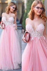 Pink Tulle Scoop Neck Princess Sweetheart Floor-length with Appliques Lace Prom Dresses RS807
