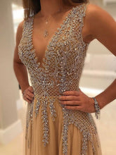 Load image into Gallery viewer, 2024 A-line V-neck Nude Tulle with Slit Sexy Shinny Rhinestone Long Prom Dresses RS634