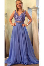 Load image into Gallery viewer, Elegant A Line Two Piece Blue V-Neck Beads Chiffon Evening Prom Dresses RS790