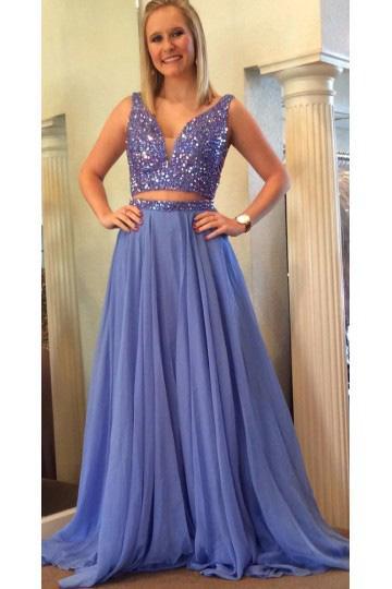 Elegant A Line Two Piece Blue V-Neck Beads Chiffon Evening Prom Dresses RS790