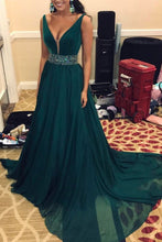 Load image into Gallery viewer, Elegant A Line Beads Green V Neck Long Chiffon Sleeveless Prom Dresses RS695