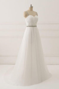 A Line White Spaghetti Straps Tulle Beads Appliques Sweetheart Zipper Prom Dresses RS597