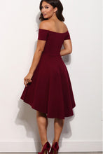 Load image into Gallery viewer, Short A Line Burgundy Off the Shoulder High Low Knee Length Satin Homecoming Dresses RS644