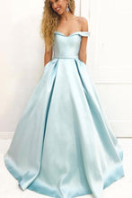 Load image into Gallery viewer, Light Blue A Line Brush Train Off Shoulder Sweetheart Sleeveless Prom Dresses RS576