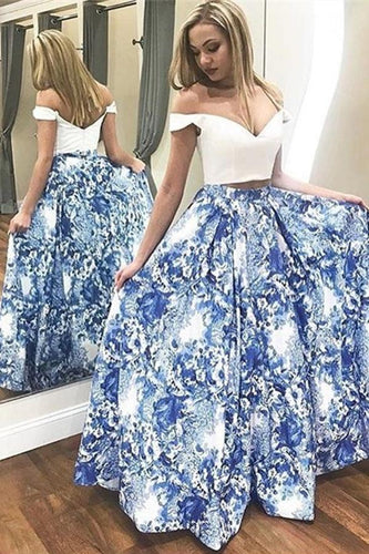 A Line Two Pieces Floral Off the Shoulder V Neck White Long Floor Length Prom Dresses RS771