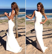 Load image into Gallery viewer, Sheath Backless Custom Made White Backless Mermaid Cheap Sexy Scoop Prom Dresses RS363