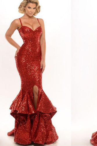 Spaghetti Straps Red Sequin Long Mermaid Front Slit Sparkle Long Prom Dresses RS520