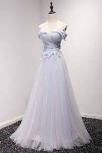 Sky Blue A-Line Off-the-Shoulder Floor-Length Tulle Prom Dresses with Appliques Lace RS955